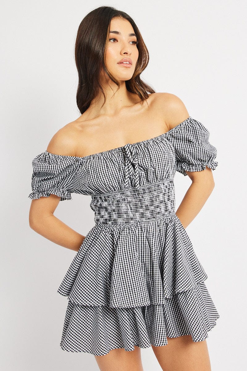 Black Check Ruffle Playsuit Short Sleeve Ruched Bust | Ally Fashion