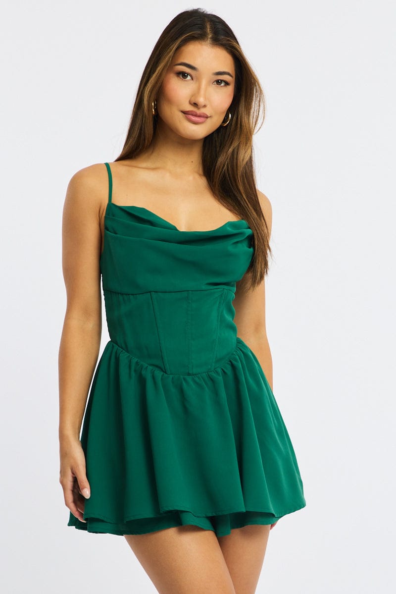 Green Playsuit Cowlneck Strappy for Ally Fashion
