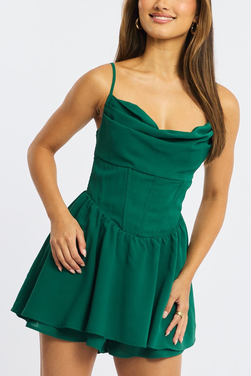 Green Playsuit Cowlneck Strappy for Ally Fashion