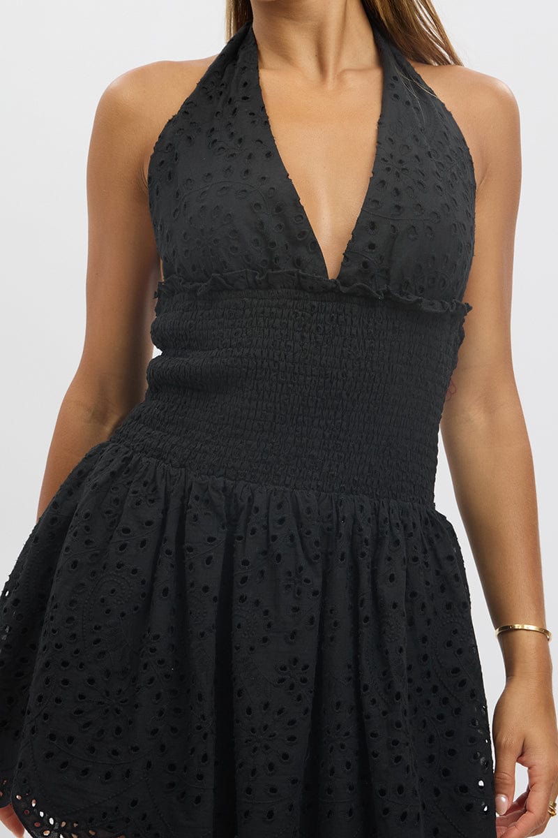 Black Halter Neck Dress Mini Eyelet Fabric | Ally Fashion Black Halter Neck Dress Mini Eyelet Fabric | Ally Fashion