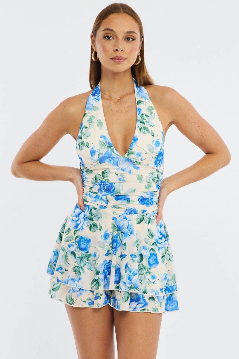 Blue Floral Playsuit V-neck Mesh for Ally Fashion