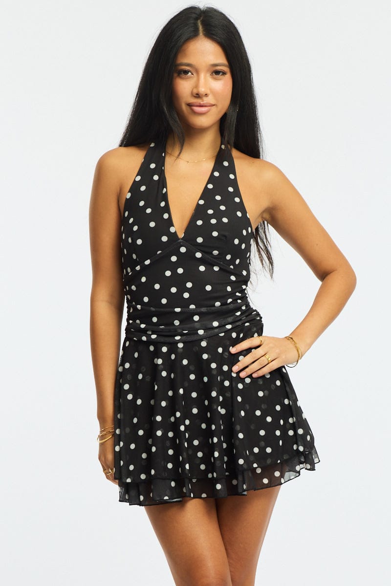 Black Polka Dot Playsuit V-neck Mesh for Ally Fashion