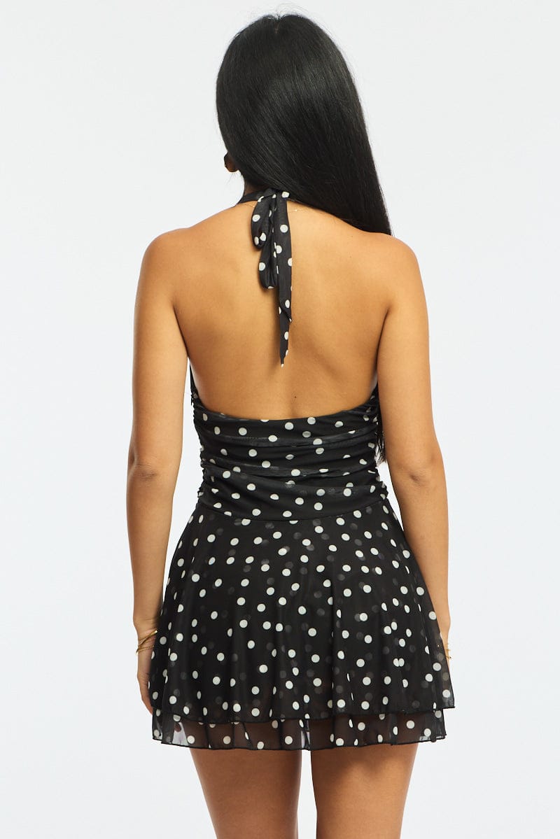 Black Polka Dot Playsuit V-neck Mesh for Ally Fashion