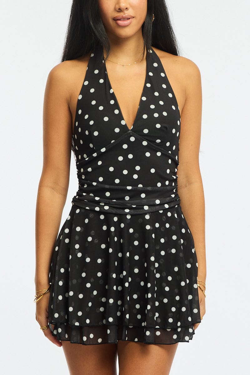 Black Polka Dot Playsuit V-neck Mesh for Ally Fashion