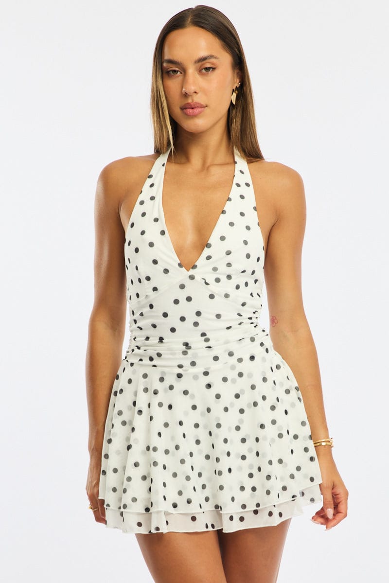 White Polka Dot Playsuit V-neck Mesh for Ally Fashion
