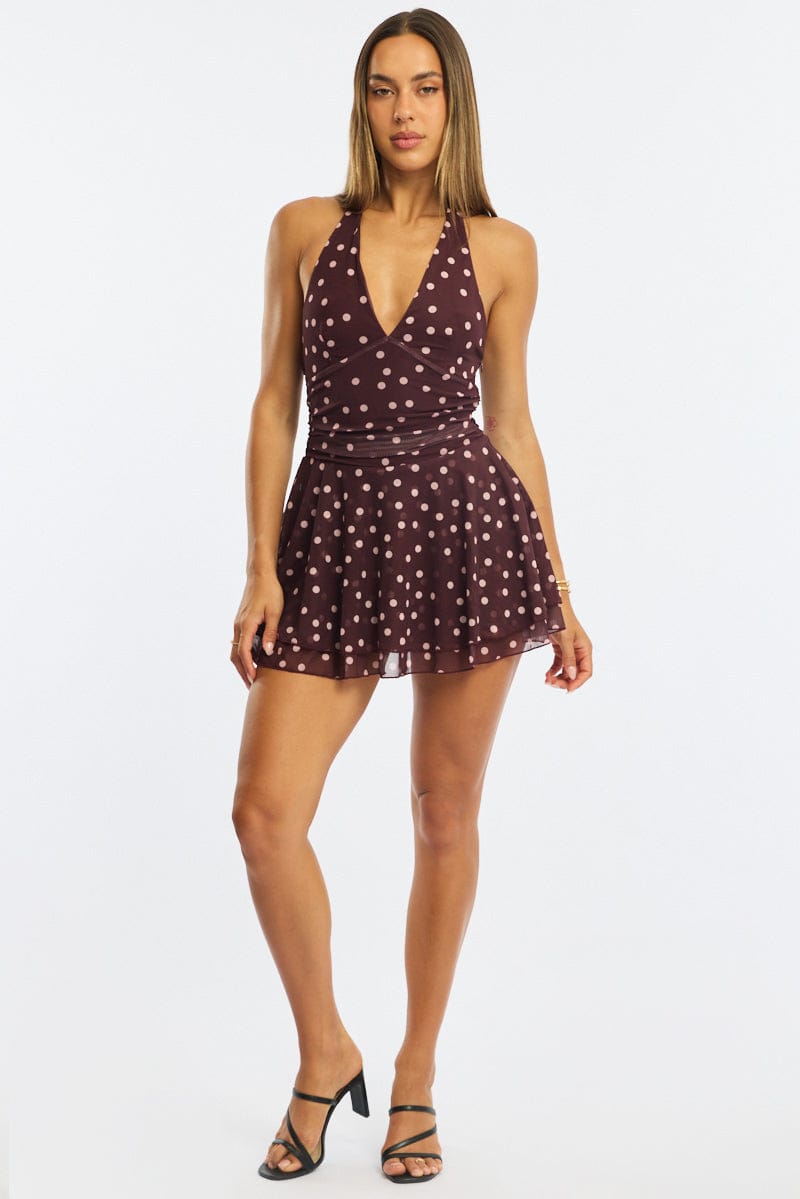 Red Polka Dot Playsuit V-neck Mesh for Ally Fashion