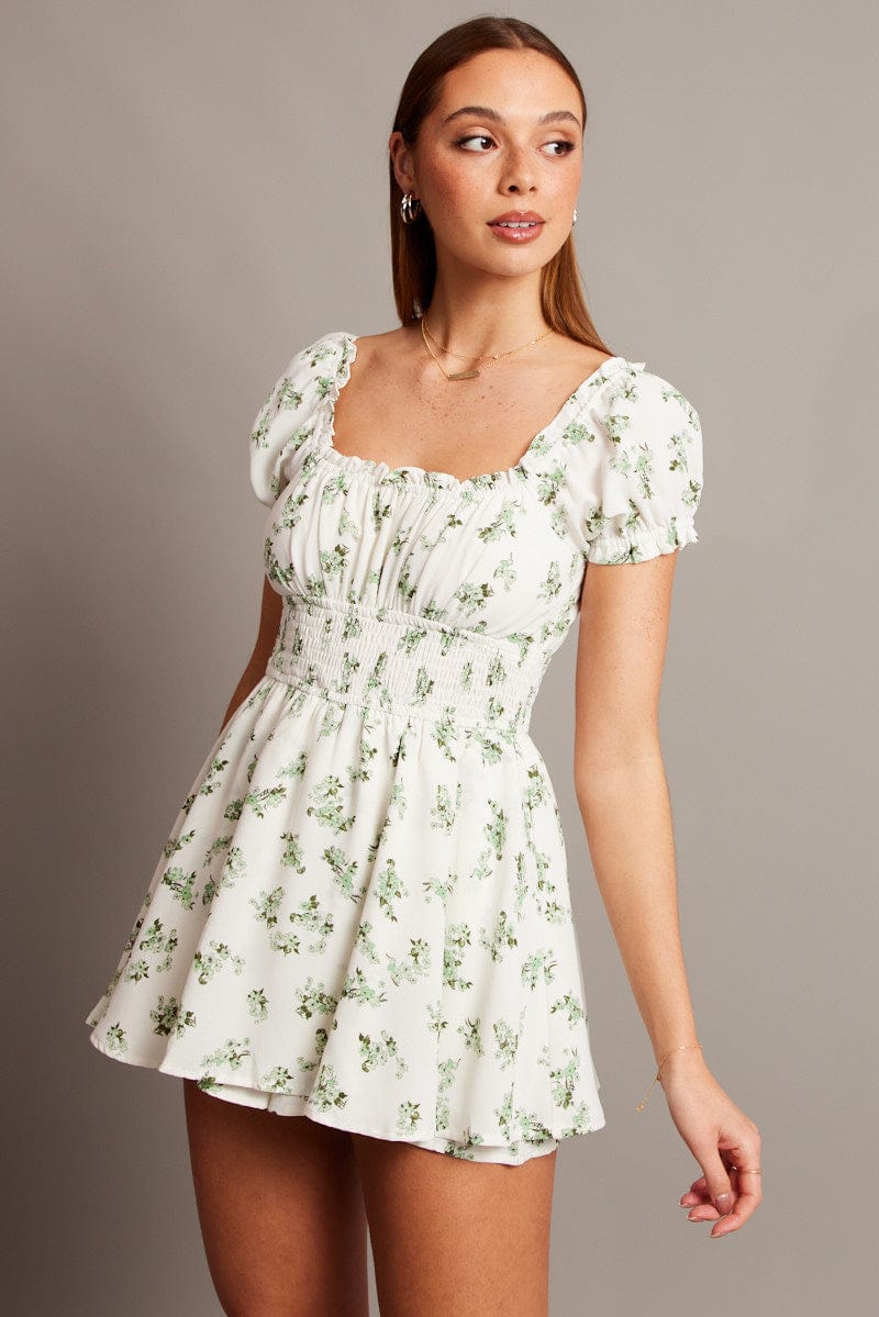 Green Floral Ruffle Playsuit Short Sleeve Ruched Bust for Ally Fashion