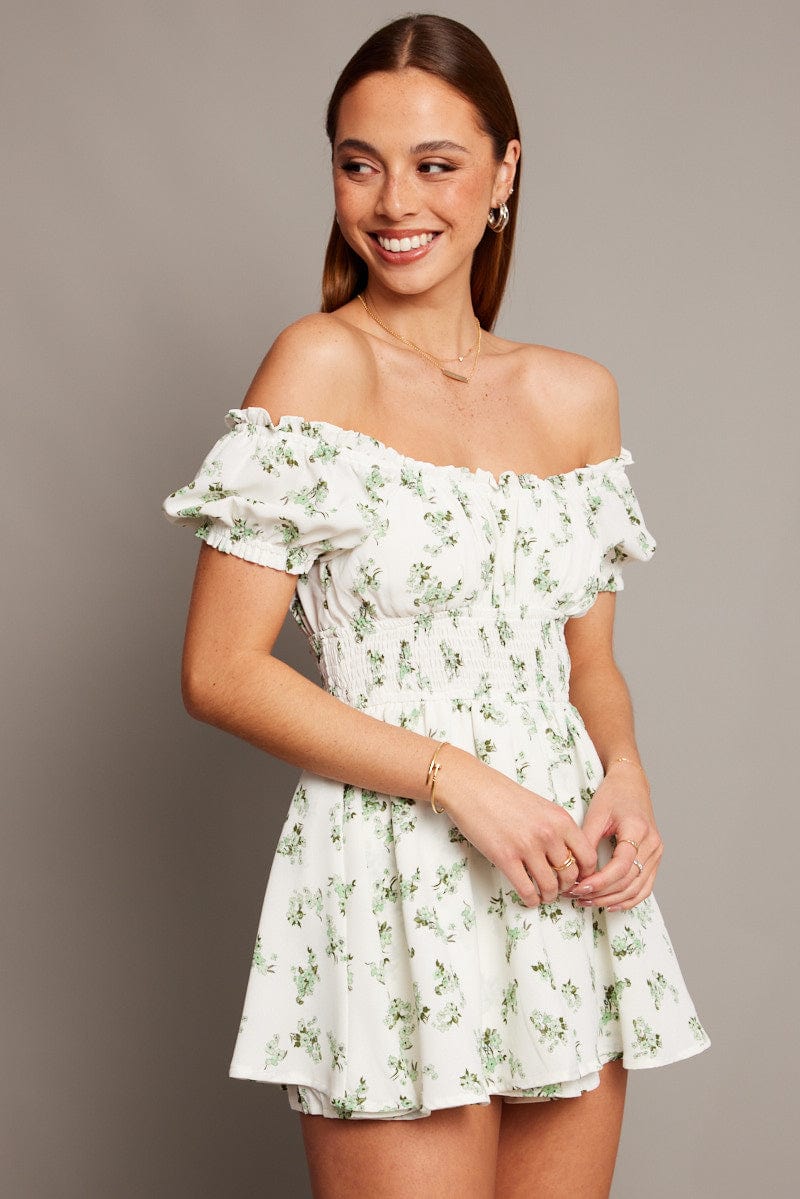 Green Floral Ruffle Playsuit Short Sleeve Ruched Bust for Ally Fashion