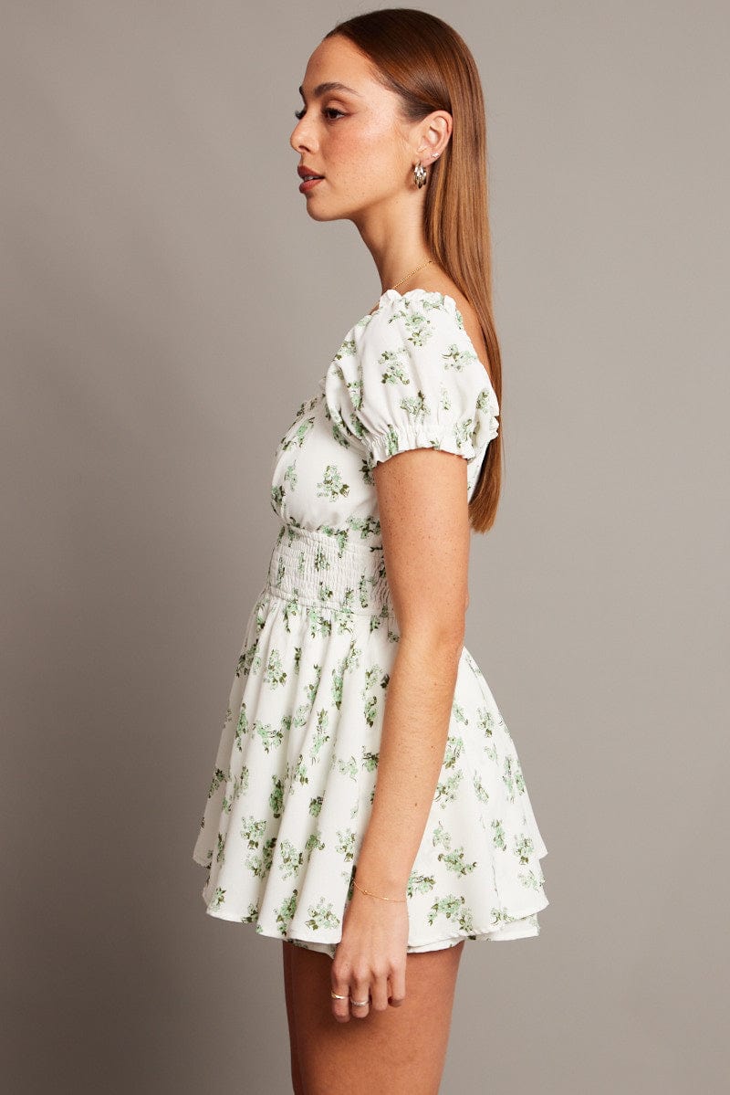 Green Floral Ruffle Playsuit Short Sleeve Ruched Bust for Ally Fashion