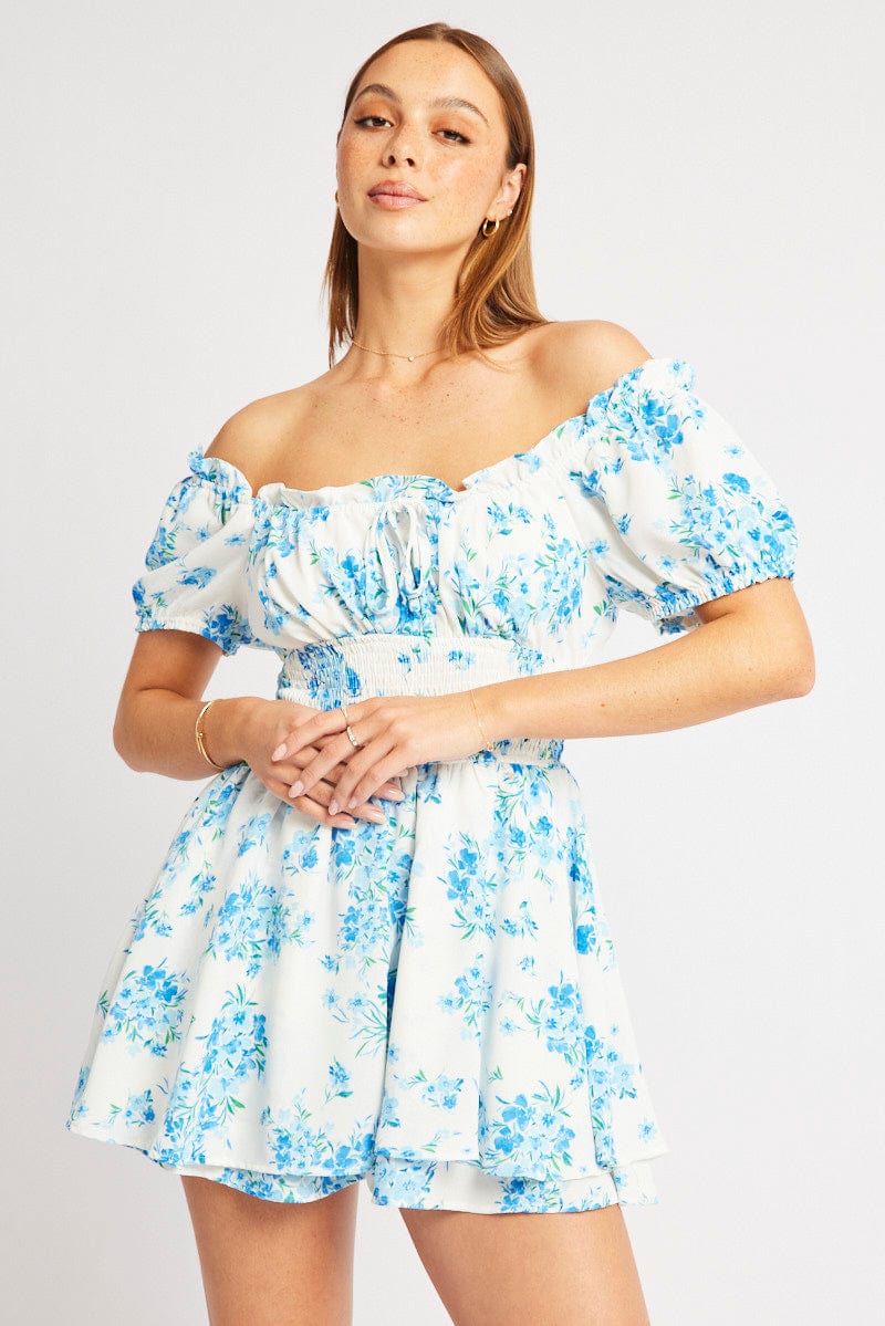 Blue Floral Ruffle Playsuit Short Sleeve Ruched Bust for Ally Fashion