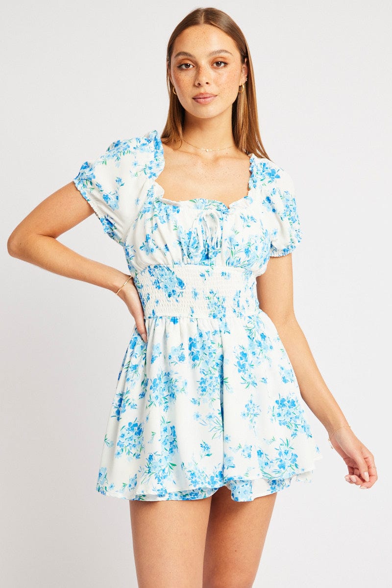 Blue Floral Ruffle Playsuit Short Sleeve Ruched Bust for Ally Fashion