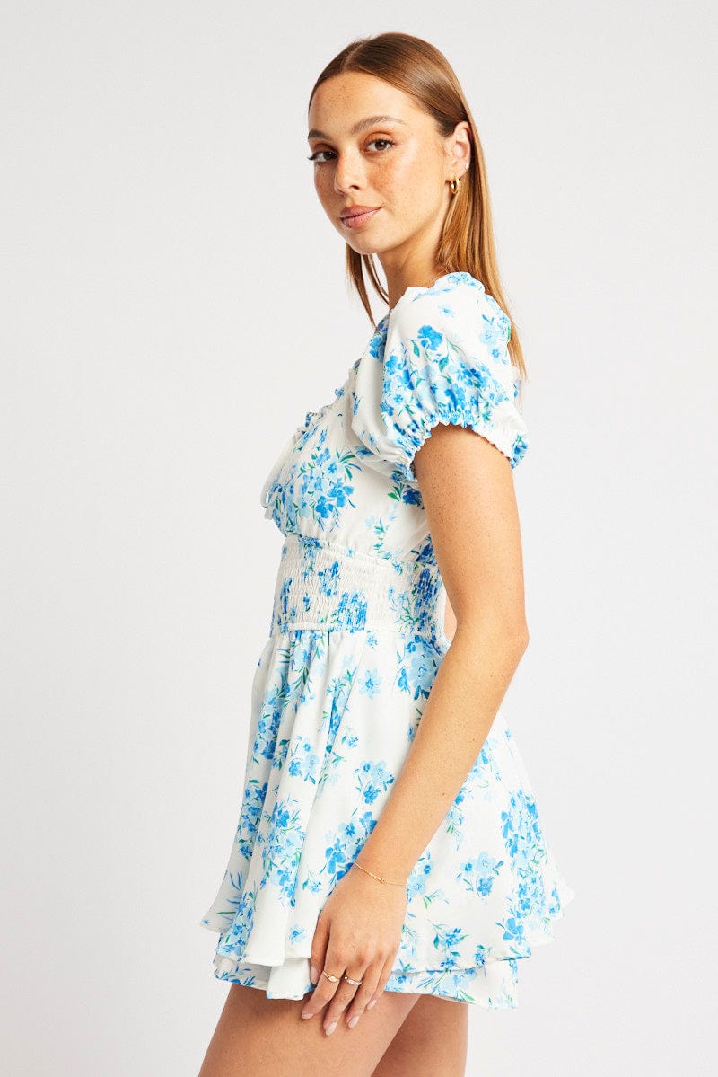 Blue Floral Ruffle Playsuit Short Sleeve Ruched Bust for Ally Fashion