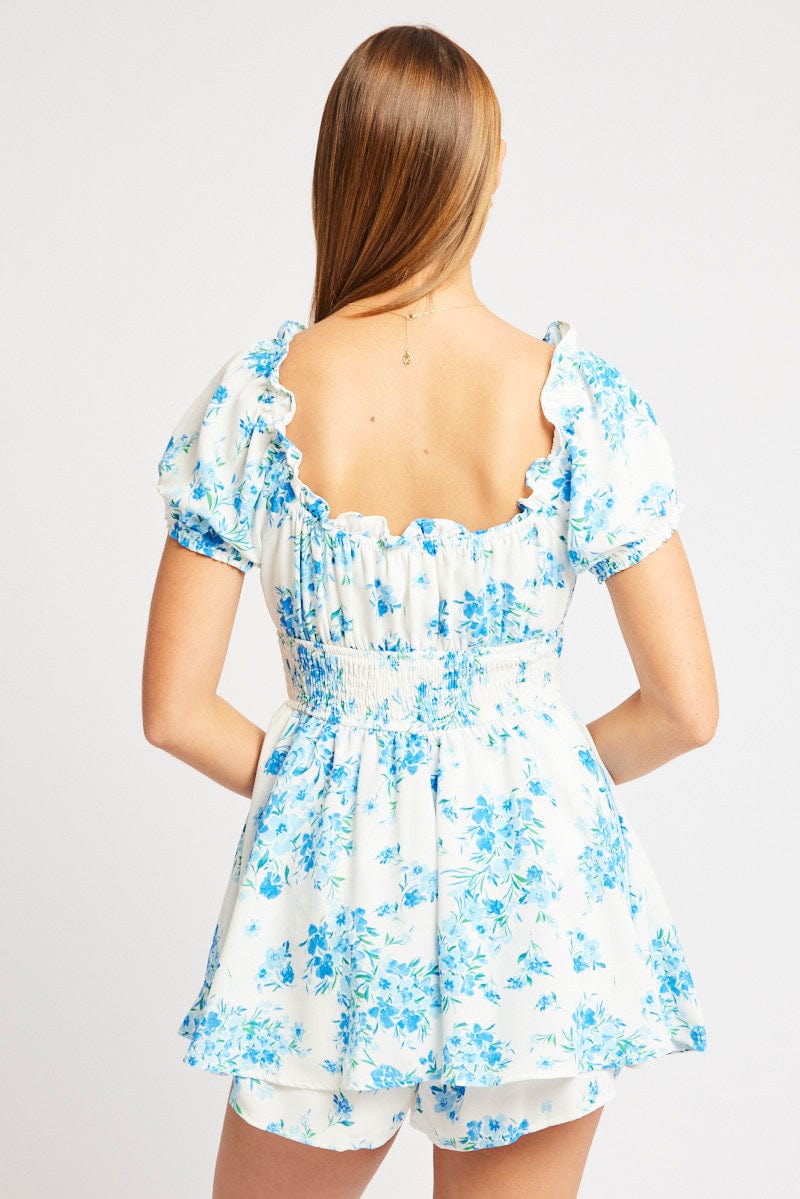 Blue Floral Ruffle Playsuit Short Sleeve Ruched Bust for Ally Fashion