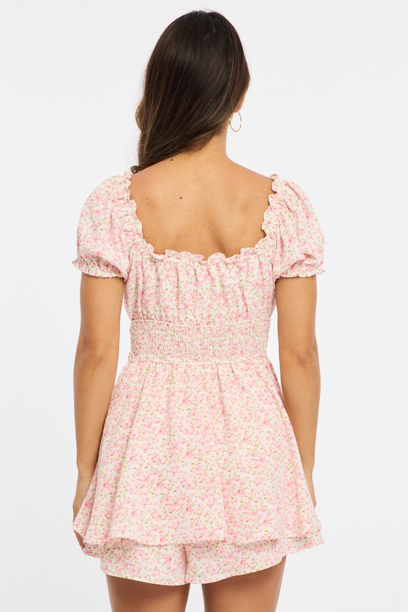 Pink Ditsy Playsuit Puff Sleeve Mini for Ally Fashion