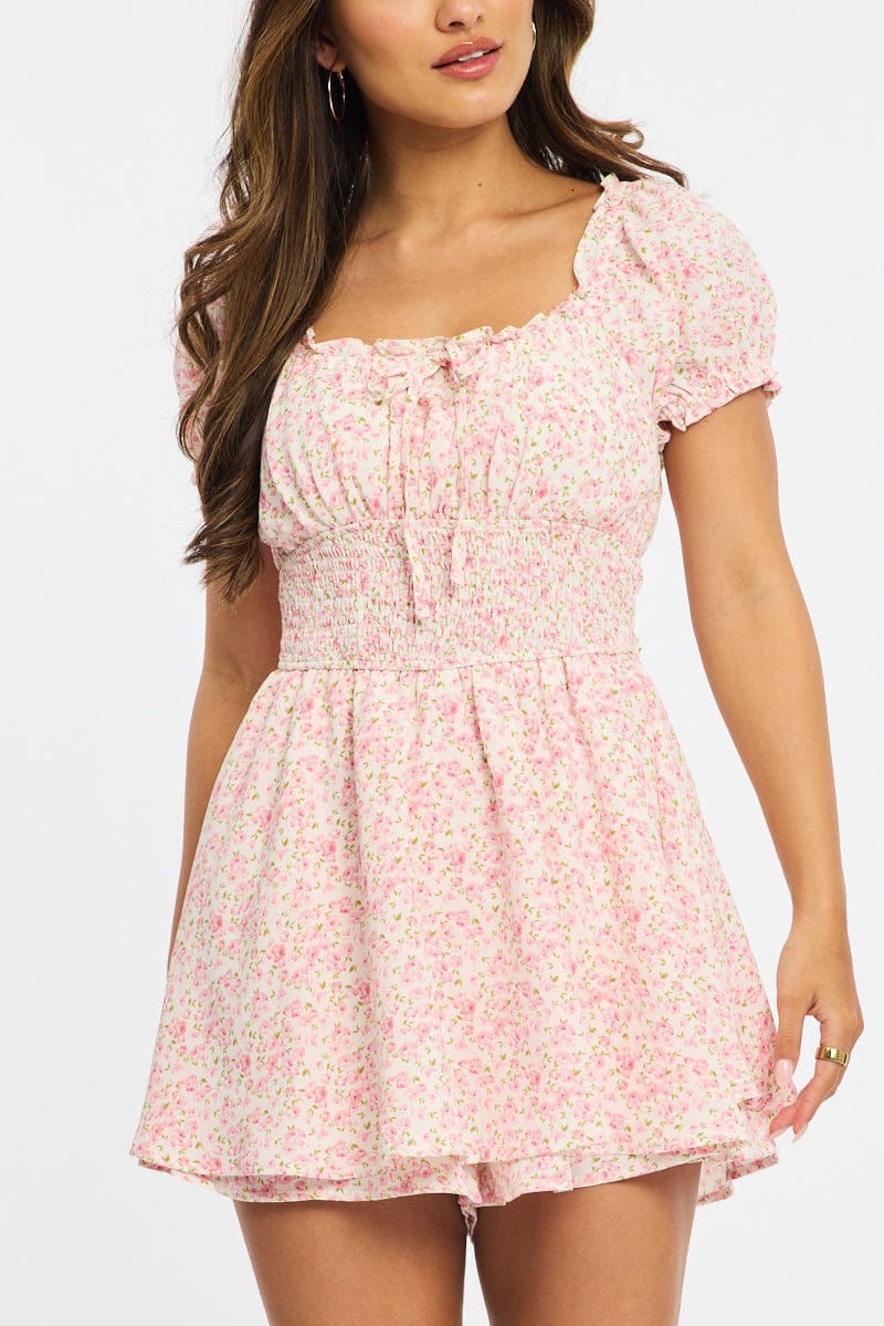 Pink Ditsy Playsuit Puff Sleeve Mini for Ally Fashion
