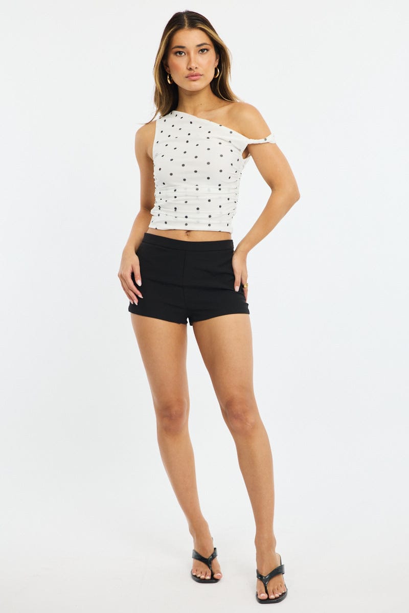 White Polka Dot Polka Dot Mesh Top Twist Off Shoulder for Ally Fashion
