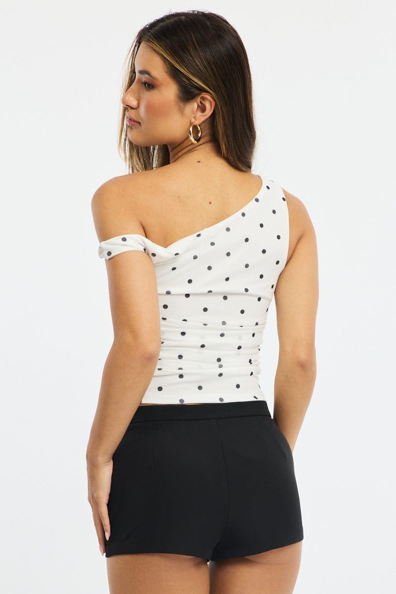 White Polka Dot Polka Dot Mesh Top Twist Off Shoulder for Ally Fashion