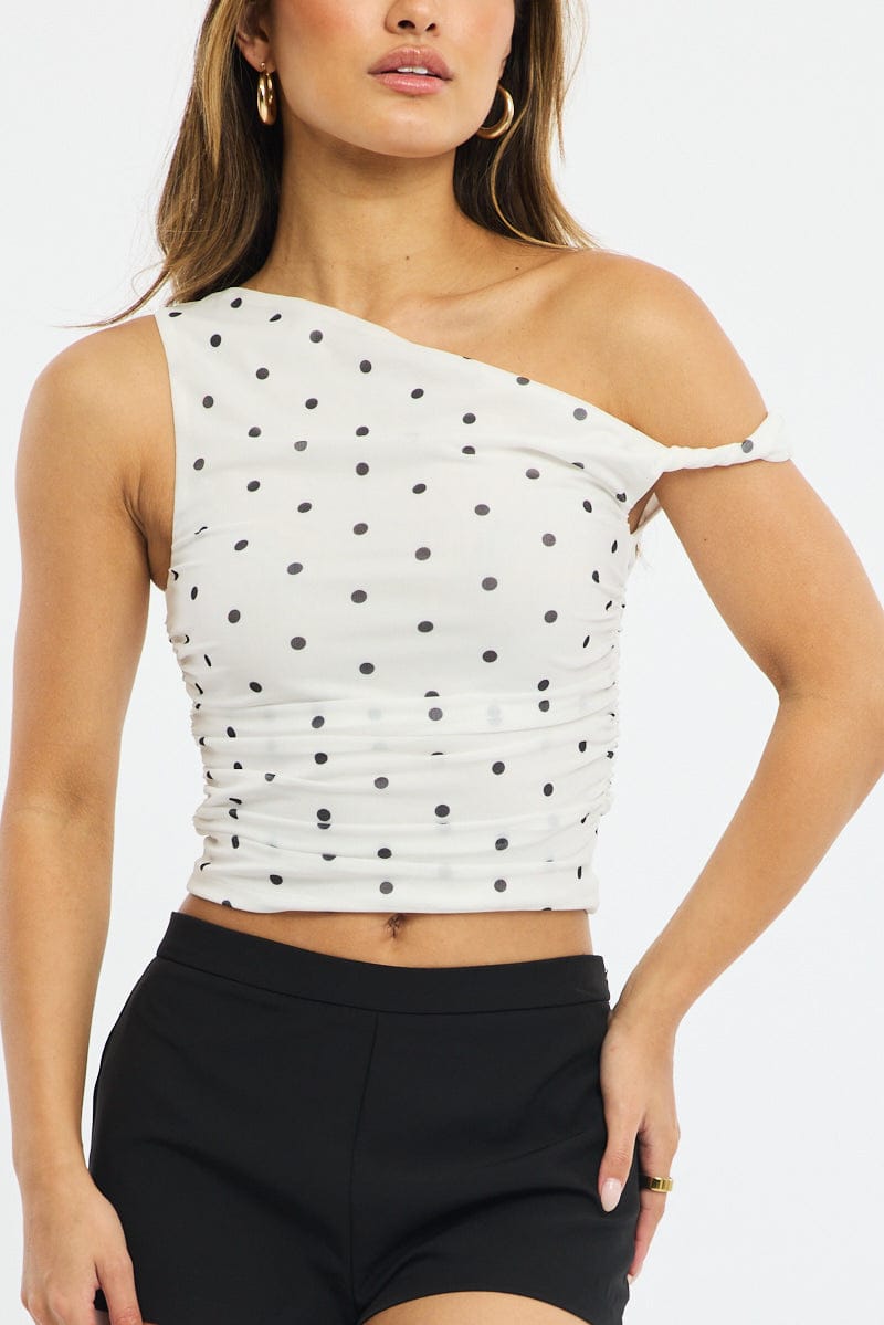 White Polka Dot Polka Dot Mesh Top Twist Off Shoulder for Ally Fashion
