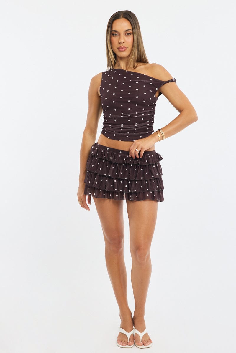 Brown Polka Dot Polka Dot Mesh Top Twist Off Shoulder for Ally Fashion
