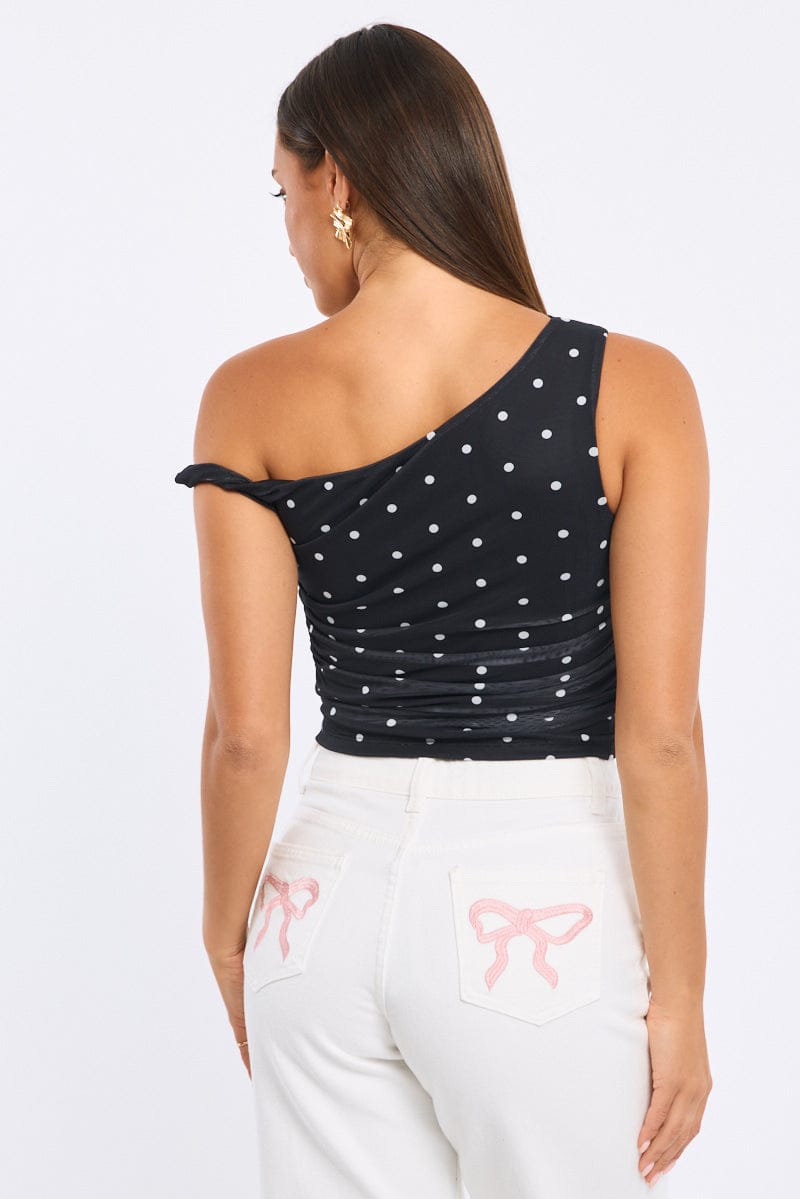 Black Polka Dot Polka Dot Mesh Top Twist Off Shoulder for Ally Fashion
