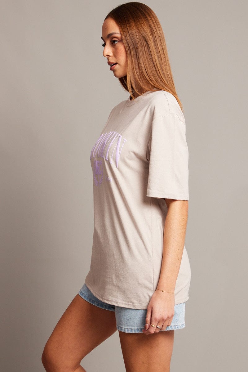 Beige Graphic Tee Short Sleeve for Ally Fashion