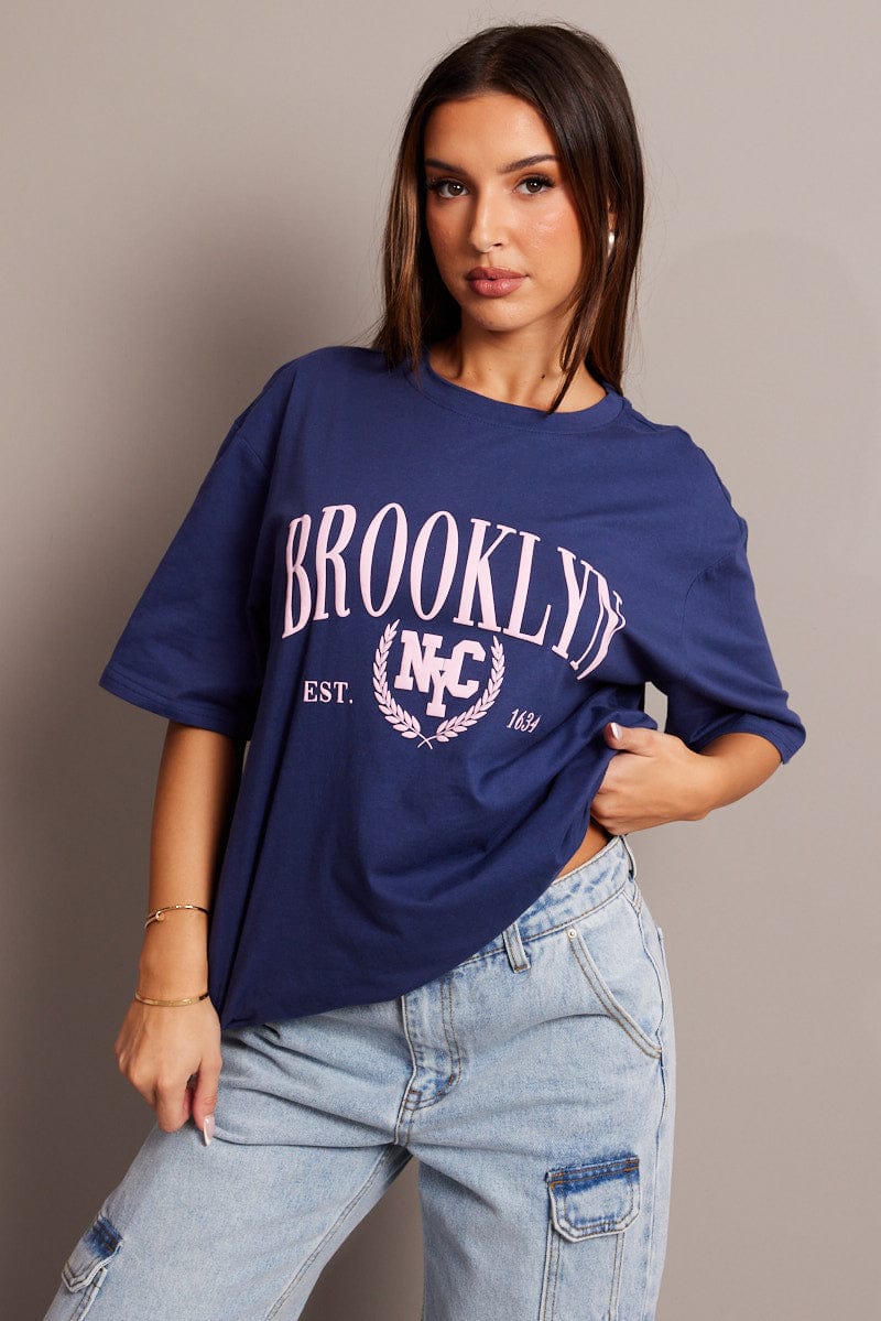 Blue Graphic Tee Short Sleeve for Ally Fashion