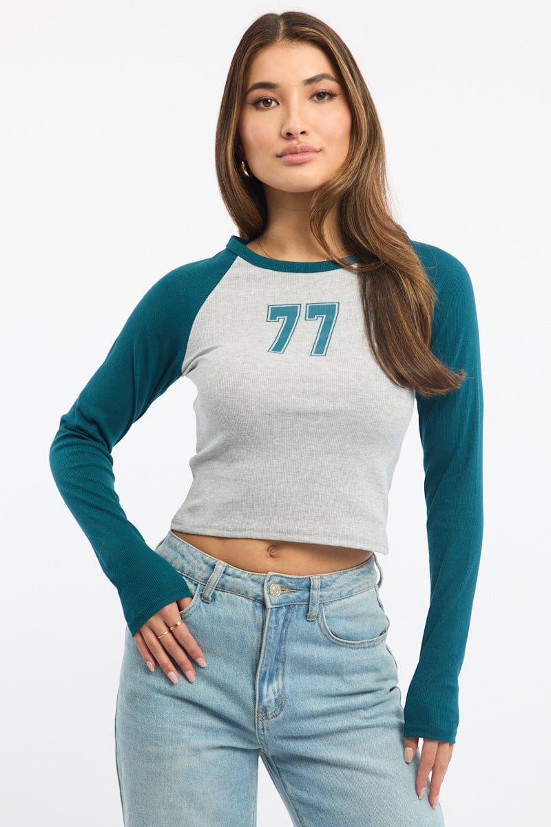Blue Graphic Tee Long Sleeve for Ally Fashion
