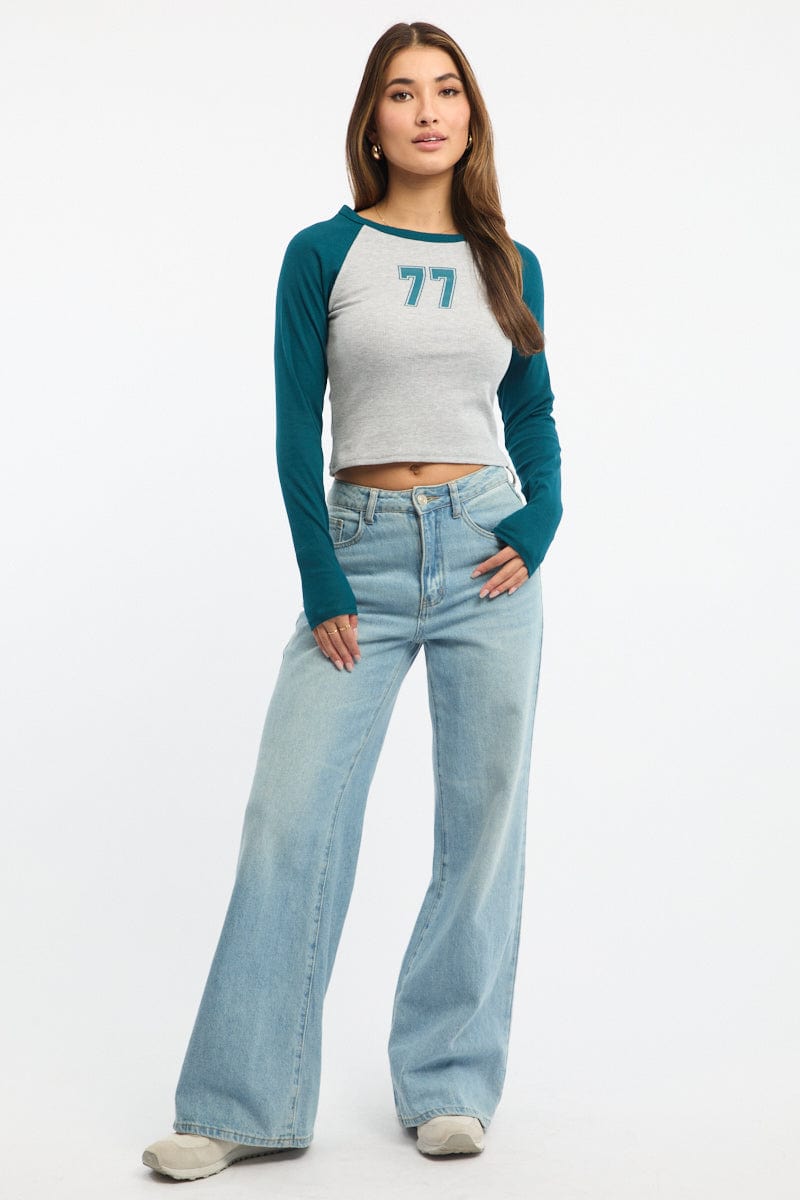 Blue Graphic Tee Long Sleeve for Ally Fashion