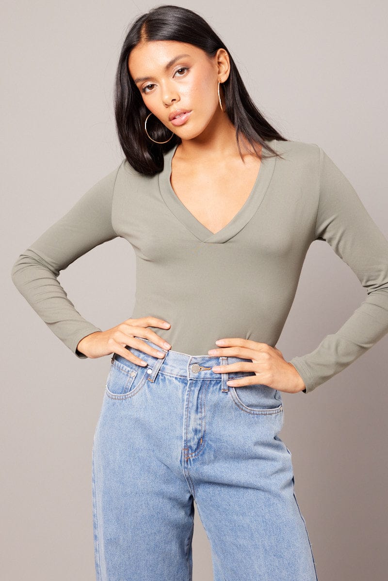 Green Supersoft Top V Neck Long Sleeve for Ally Fashion