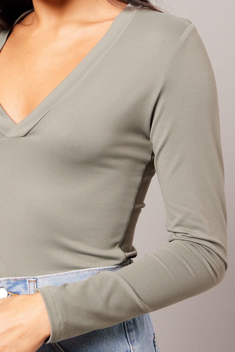 Green Supersoft Top V Neck Long Sleeve for Ally Fashion