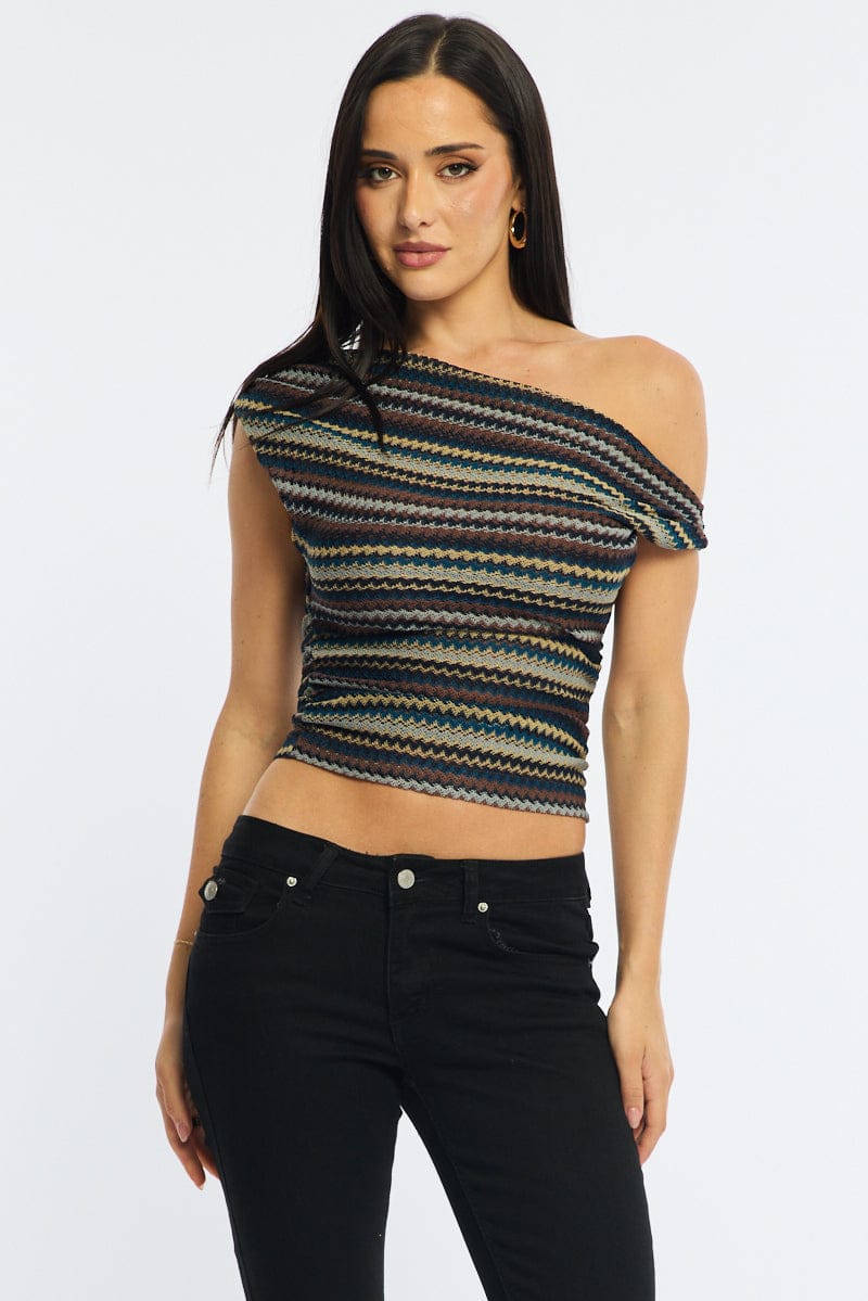 Grey Stripe Asymmetric Top Sleeveless One Shoulder Textured for Ally Fashion
