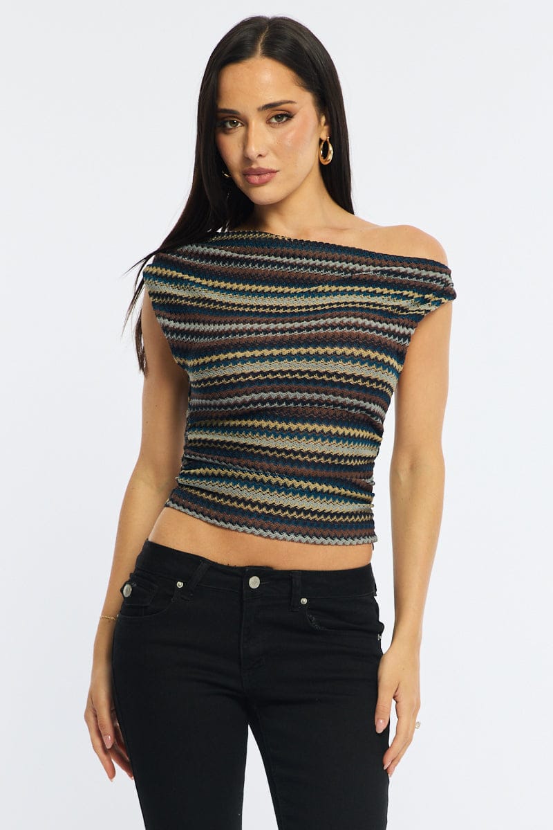 Grey Stripe Asymmetric Top Sleeveless One Shoulder Textured for Ally Fashion