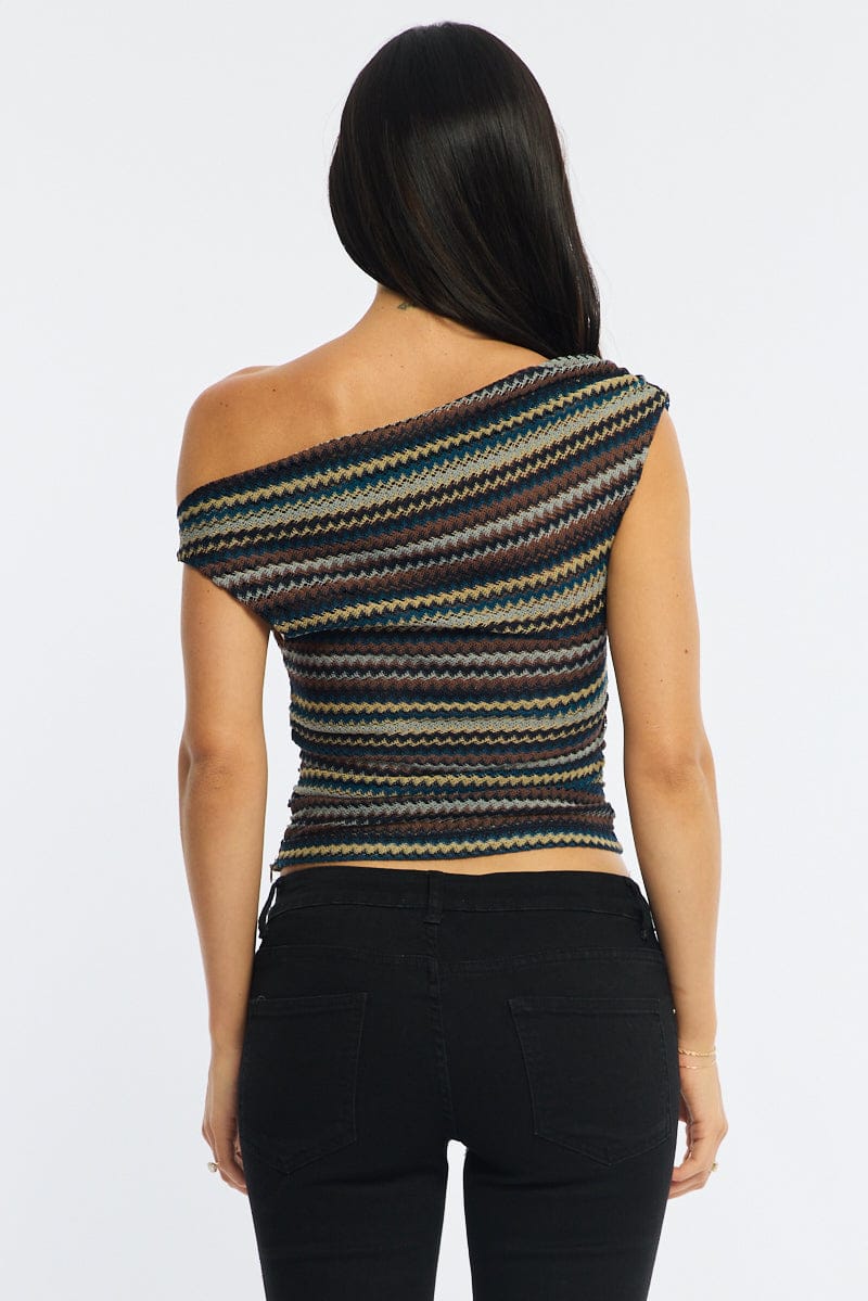 Grey Stripe Asymmetric Top Sleeveless One Shoulder Textured for Ally Fashion