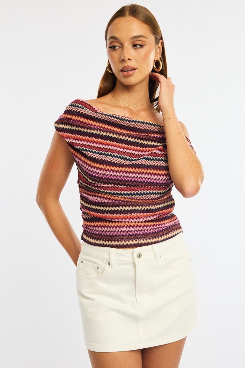 Red Stripe Asymmetric Top Sleeveless One Shoulder Textured for Ally Fashion