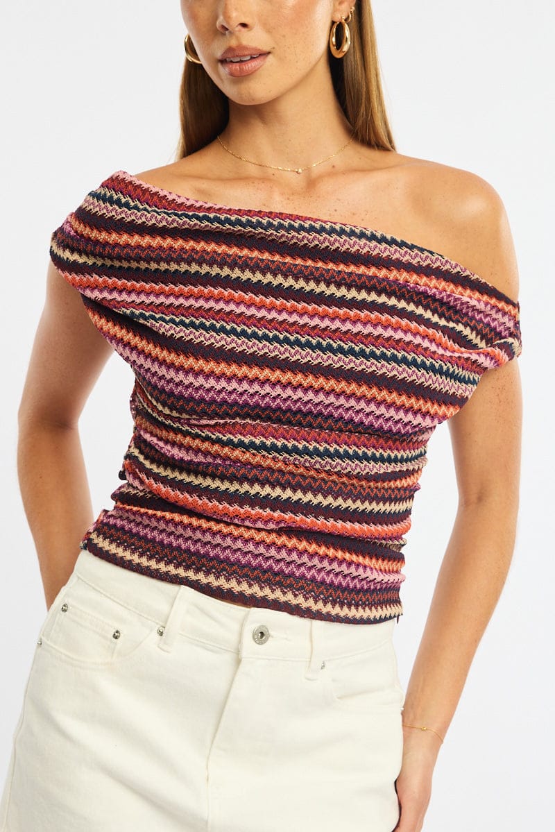 Red Stripe Asymmetric Top Sleeveless One Shoulder Textured for Ally Fashion