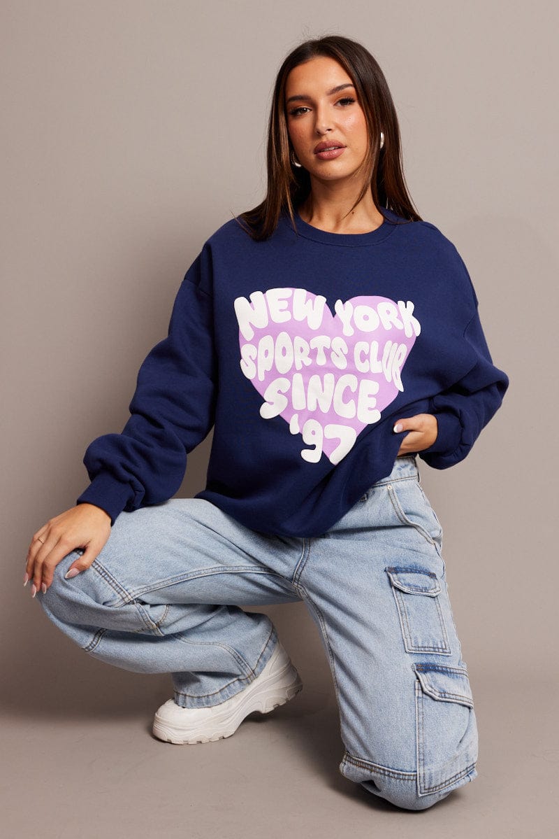 Blue Graphic Sweat Long Sleeve for Ally Fashion