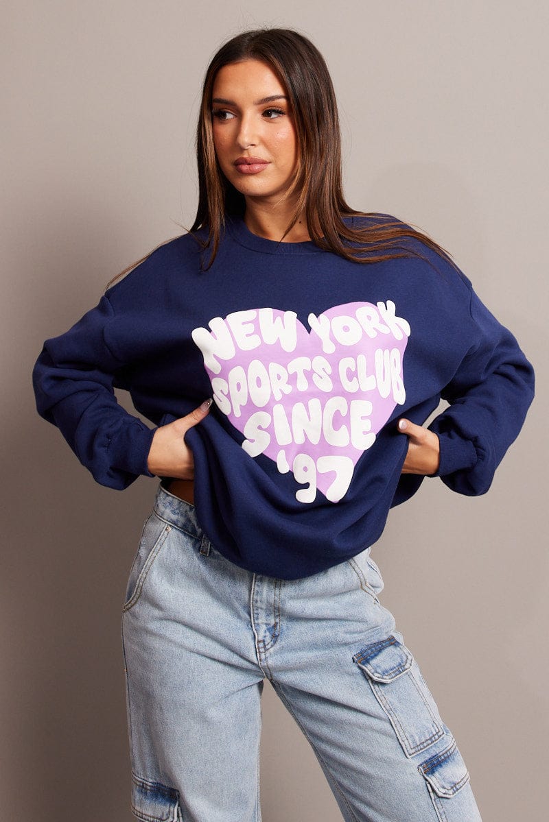 Blue Graphic Sweat Long Sleeve for Ally Fashion