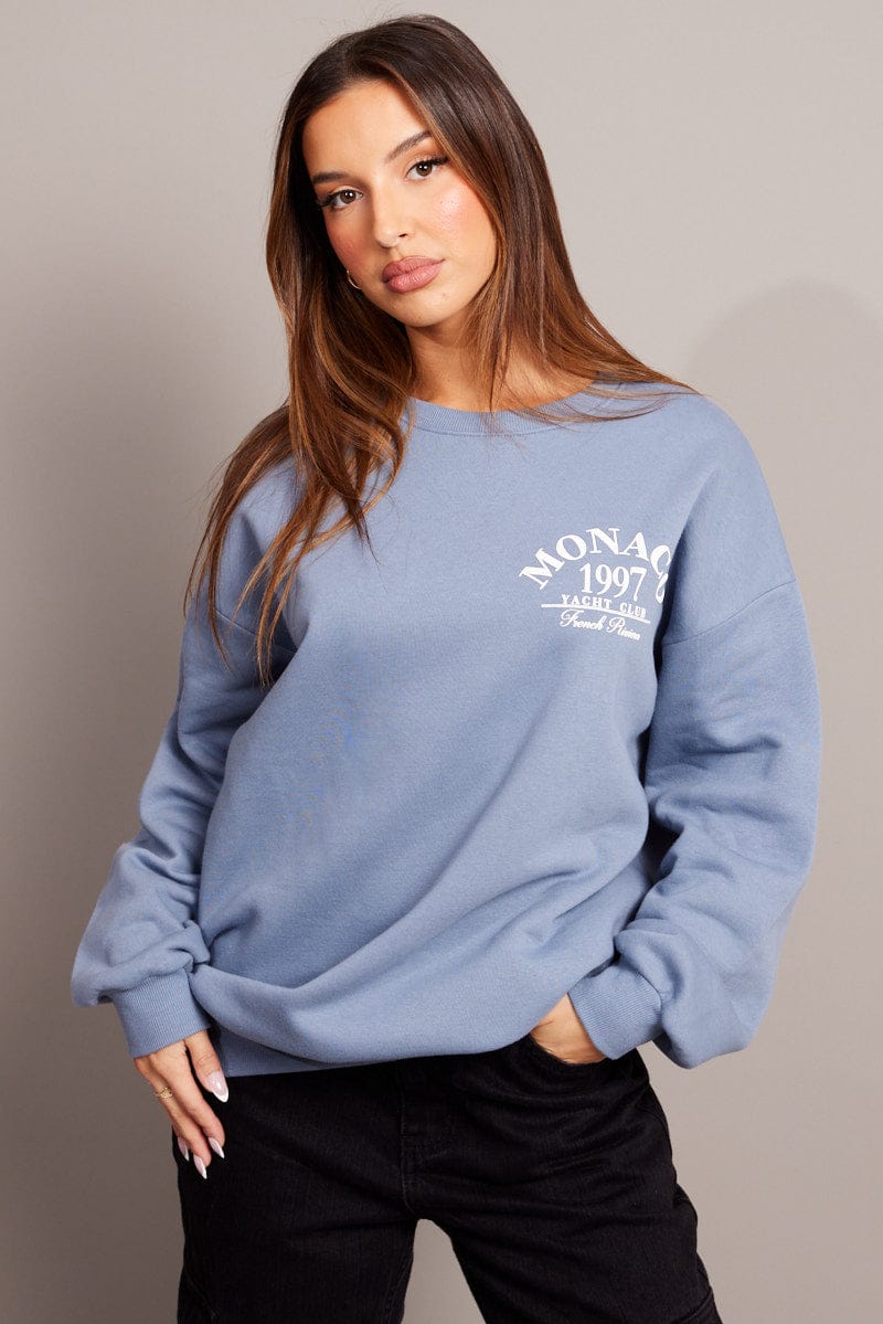 Blue Graphic Sweater Long Sleeve for Ally Fashion