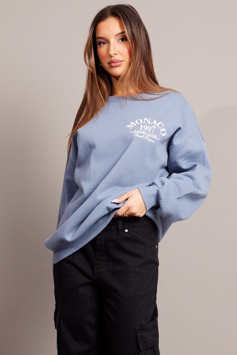 Blue Graphic Sweater Long Sleeve for Ally Fashion