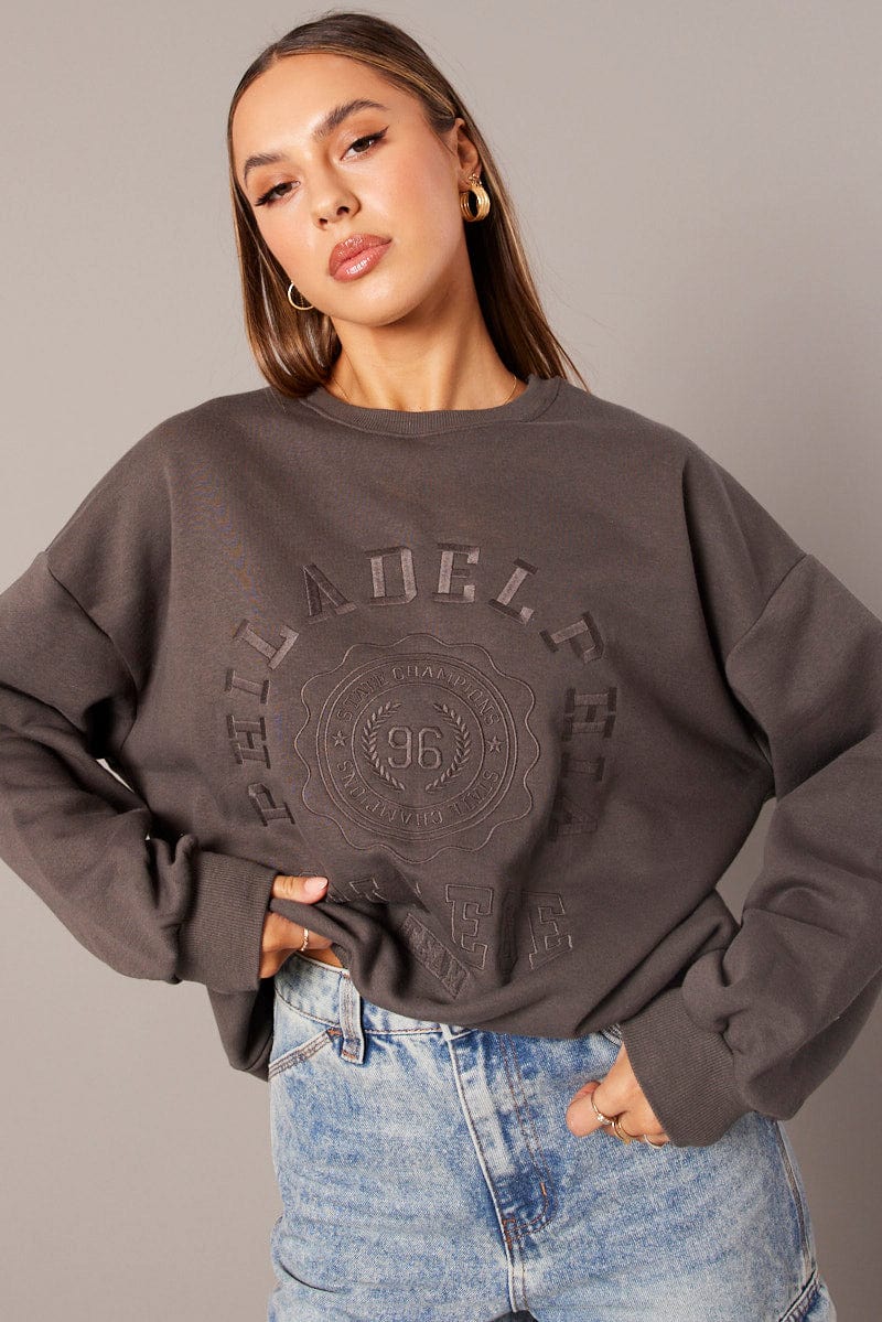 Grey Graphic Sweater Long Sleeve for Ally Fashion