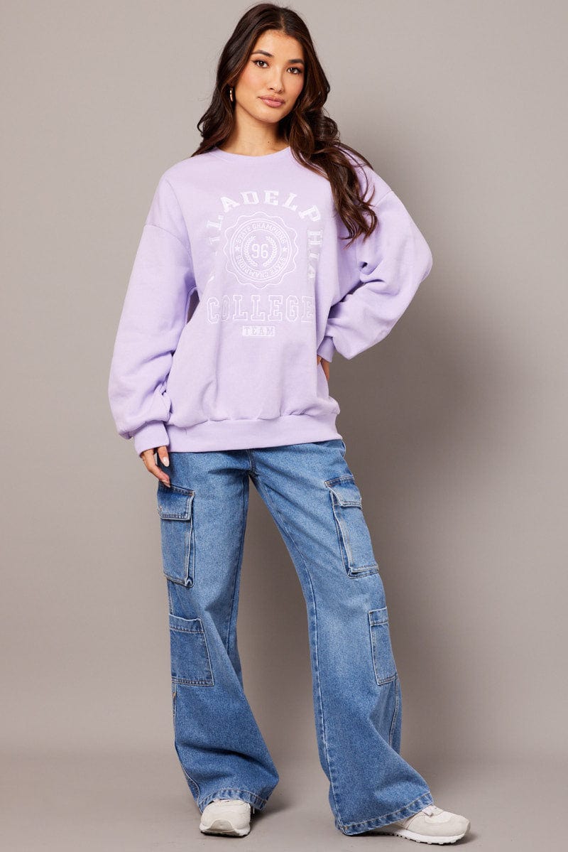 Purple Graphic Sweater Long Sleeve for Ally Fashion