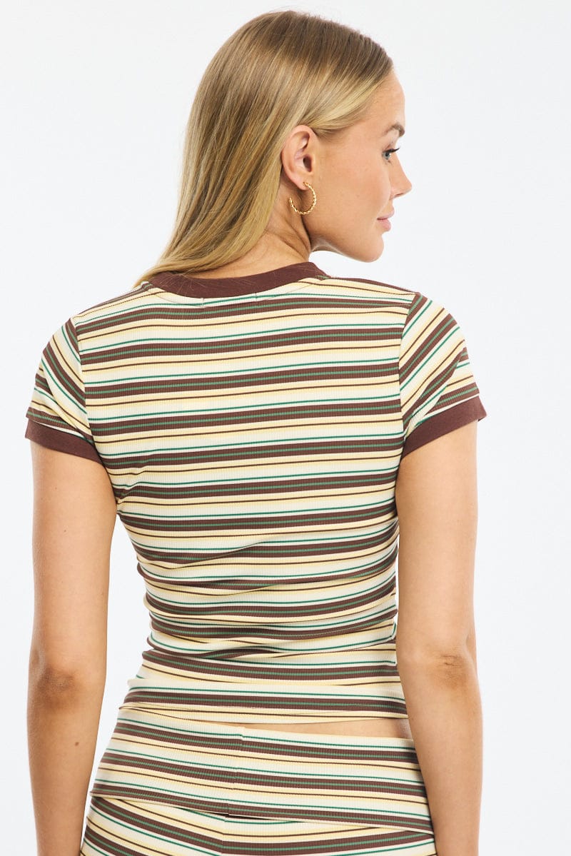 Yellow Stripe Striped Top Short Sleeve for Ally Fashion