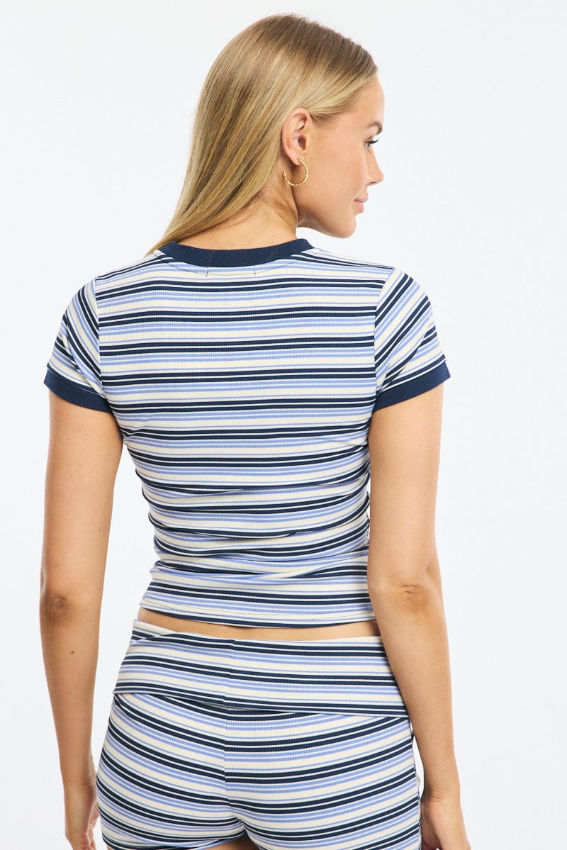 Blue Stripe Striped Top Short Sleeve for Ally Fashion