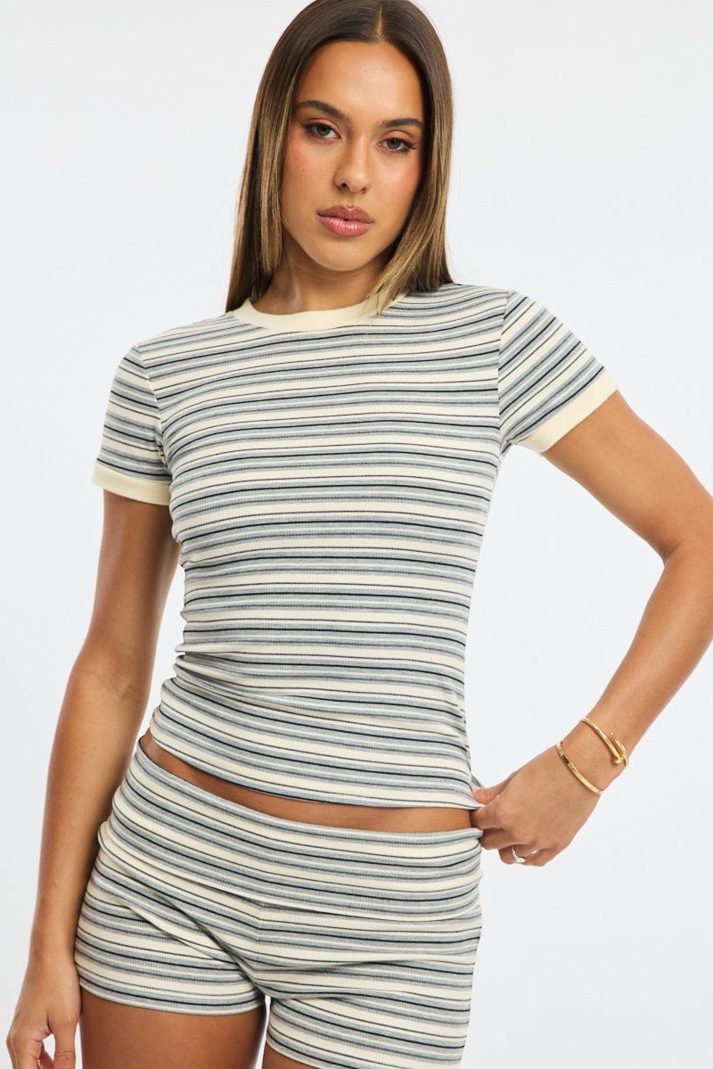 Grey Stripe Striped Top Short Sleeve for Ally Fashion