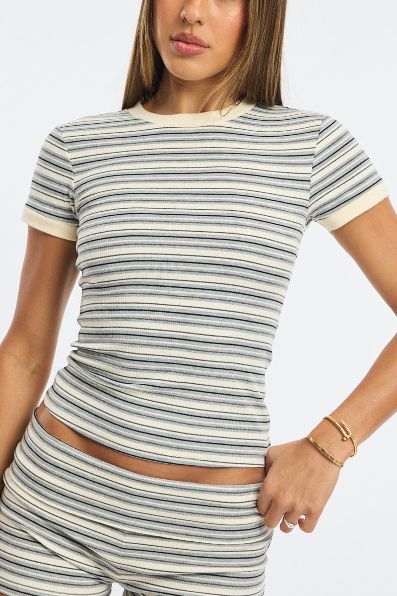 Grey Stripe Striped Top Short Sleeve for Ally Fashion