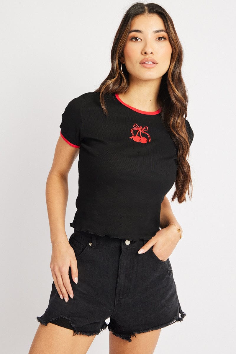 Black Graphic Tee Short Sleeve for Ally Fashion