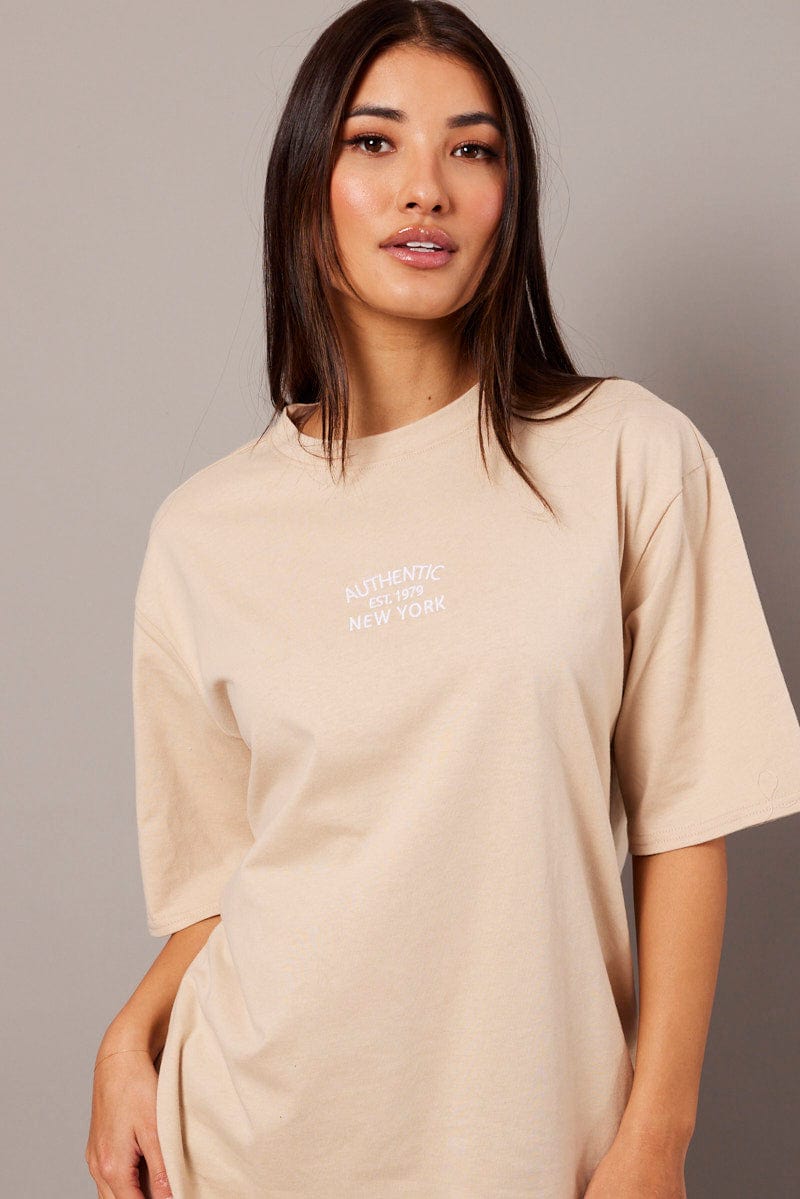 Beige Graphic Tee Short Sleeve for Ally Fashion