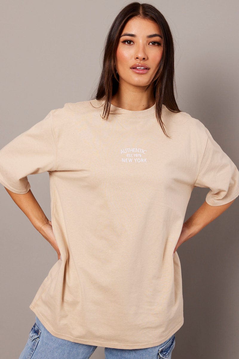 Beige Graphic Tee Short Sleeve for Ally Fashion