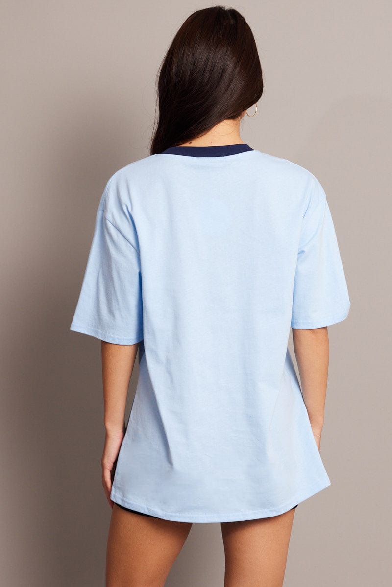 Blue Graphic Tee V Neck Short Sleeve for Ally Fashion