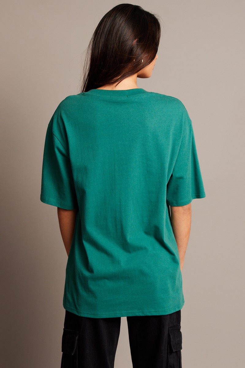 Green Graphic Tee V Neck Short Sleeve for Ally Fashion